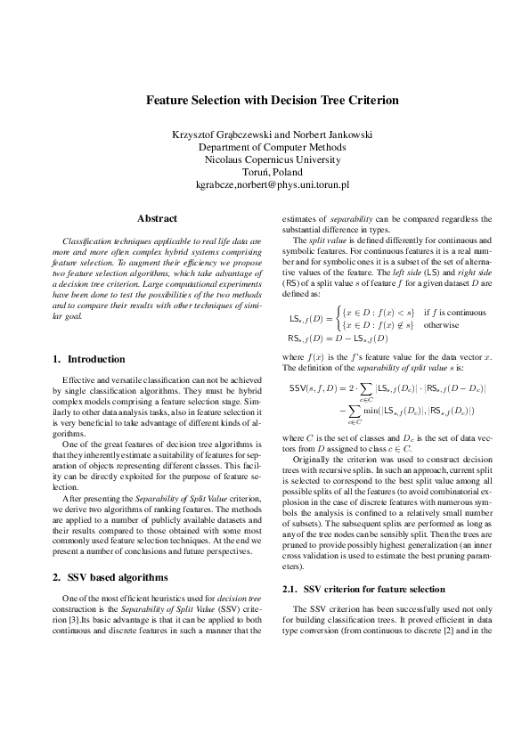 (PDF) Feature selection with decision tree criterion