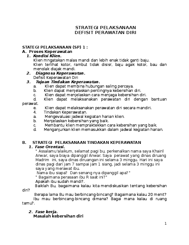 (DOC) STRATEGI PELAKSANAAN DEFISIT PERAWATAN DIRI | Yusuf ...