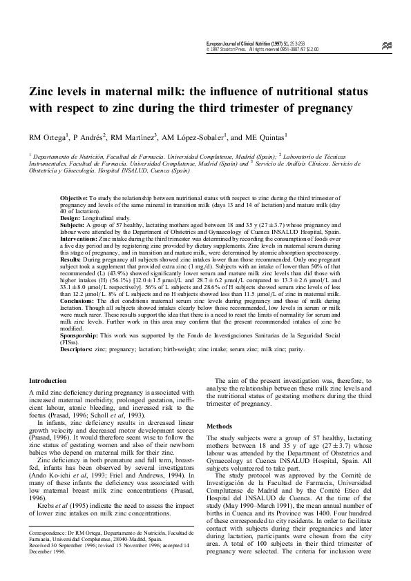 (PDF) Zinc levels in maternal milk: the influence of nutritional status ...