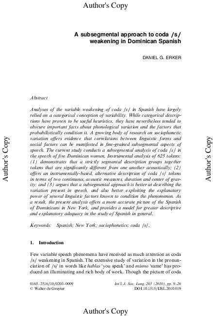 (PDF) A subsegmental approach to coda /s/ weakening in Dominican Spanish