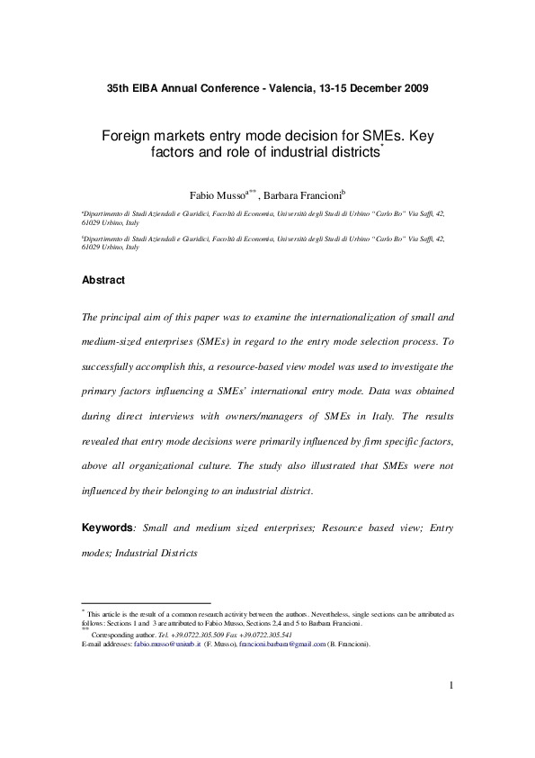 (PDF) Foreign markets entry mode decision for SMEs. Key factors and ...