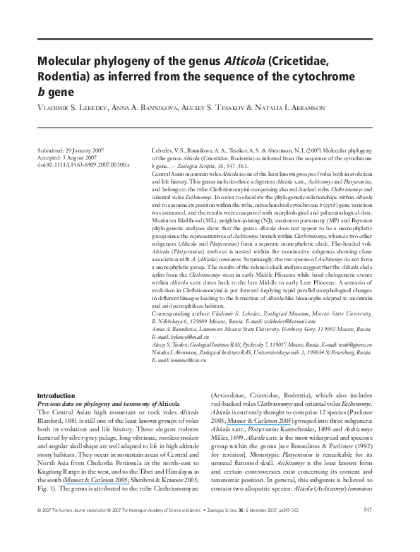 (PDF) Molecular phylogeny of the genus Alticola (Cricetidae, Rodentia ...