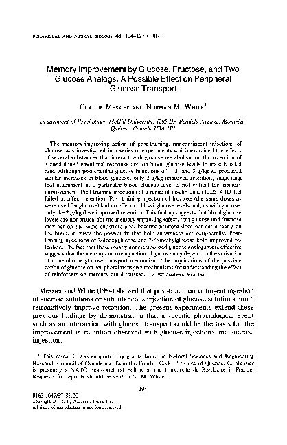 (PDF) Memory improvement by glucose, fructose, and two glucose analogs ...