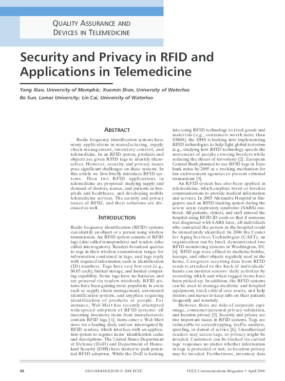 (PDF) Security and privacy in RFID and applications in telemedicine