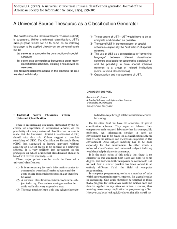 (PDF) A universal source thesaurus as a classification generator