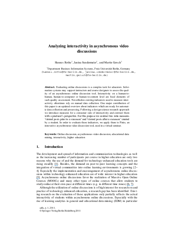 Pdf Analyzing Interactivity In Asynchronous Video Discussions