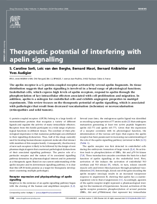 (PDF) Therapeutic potential of interfering with apelin signalling