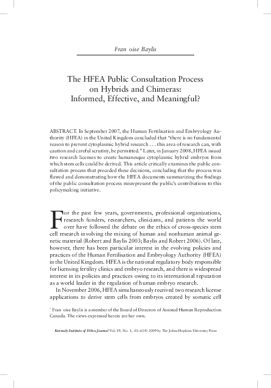 (PDF) The HFEA public consultation process on hybrids and chimeras ...
