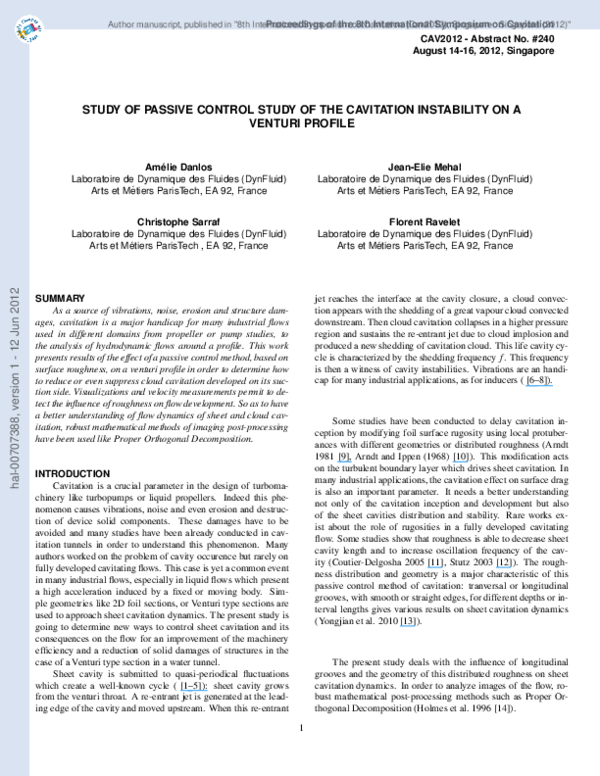(PDF) Study of Passive Control Study of the Cavitation Instability on a ...