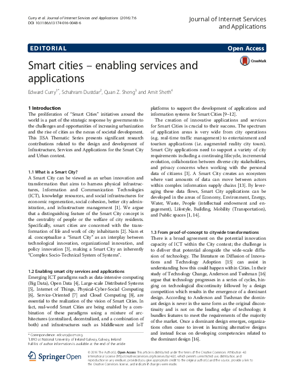 (PDF) Smart cities – enabling services and applications