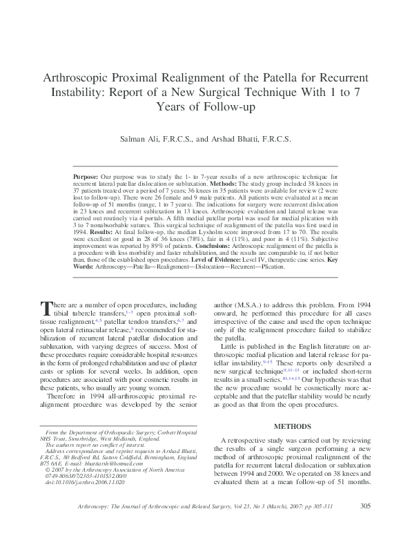 (PDF) Arthroscopic Proximal Realignment of the Patella for Recurrent ...