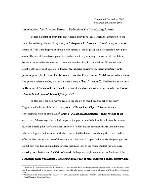 (PDF) Translation of Adorno, "Marginalia on Theory and Praxis" Len