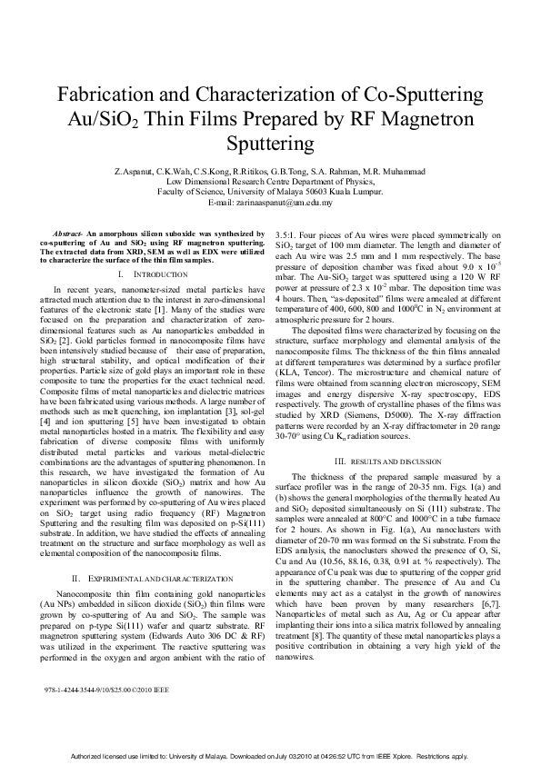 (PDF) Fabrication and characterization of co-sputtering Au/SiO2 thin ...