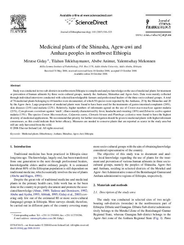 (PDF) Medicinal plants of the Shinasha, Agew-awi and Amhara peoples in ...