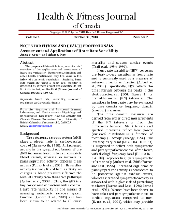 (PDF) Assessment and Applications of Heart Rate Variability