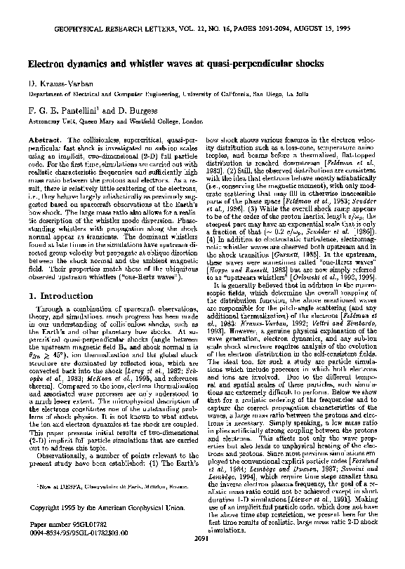(PDF) Electron dynamics and whistler waves at quasi-perpendicular shocks