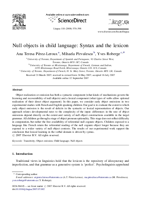 (PDF) Null objects in child language: Syntax and the lexicon