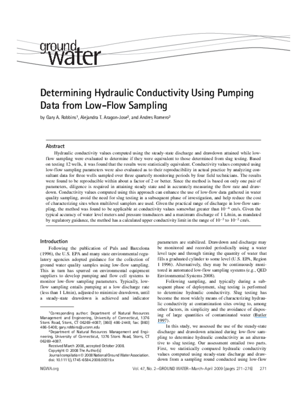 (PDF) Determining Hydraulic Conductivity Using Pumping Data from Low