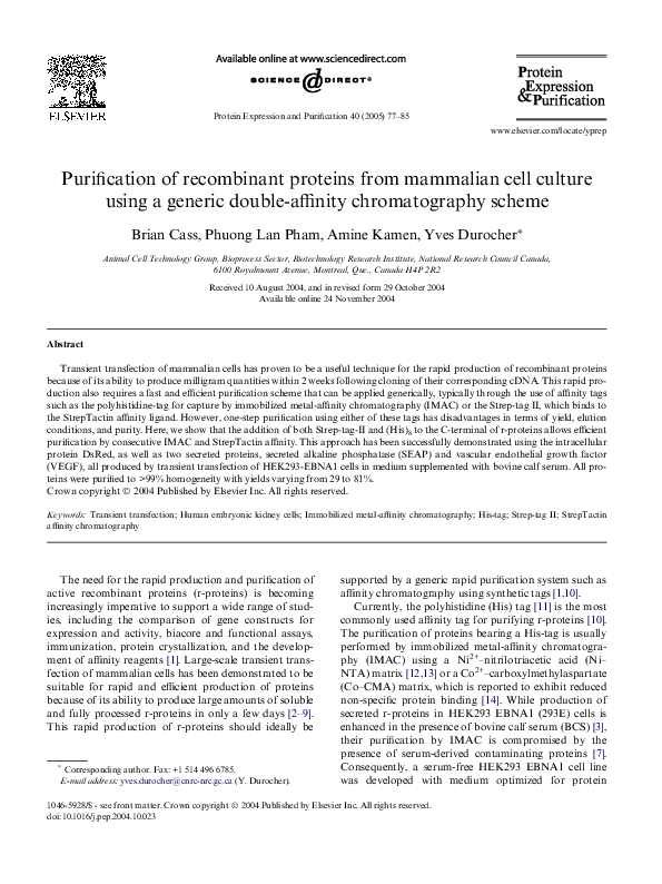 (PDF) Purification of proteins from mammalian cell culture