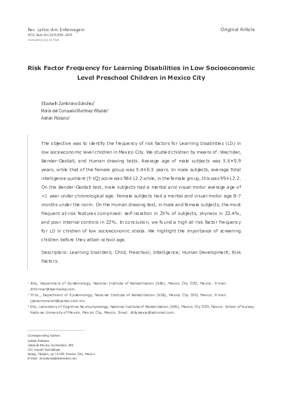 (PDF) Risk Factor Frequency for Learning Disabilities in Low ...