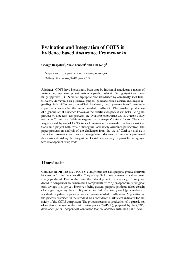 (PDF) Evaluation and Integration of COTS in Evidence based Assurance