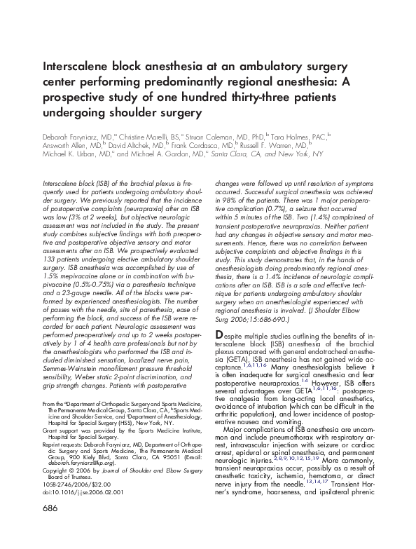 (PDF) Interscalene block anesthesia at an ambulatory surgery center