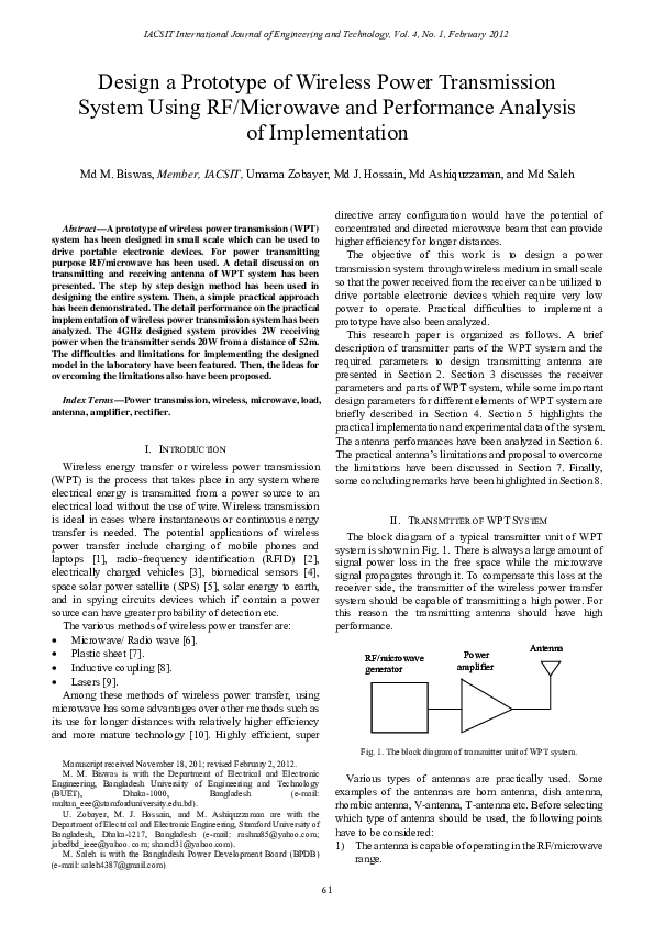 (PDF) Design a Prototype of Wireless Power Transmission System Using RF