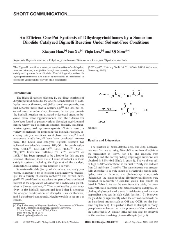 (PDF) An Efficient One-Pot Synthesis of Dihydropyrimidinones by a ...