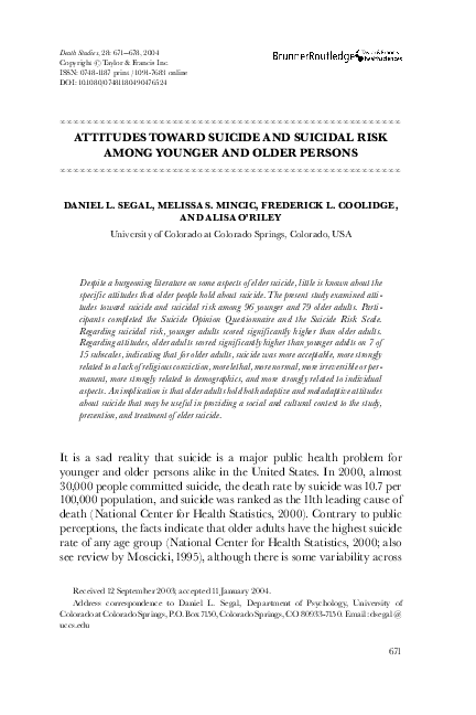 (PDF) ATTITUDES TOWARD SUICIDE AND SUICIDAL RISK AMONG YOUNGER AND ...