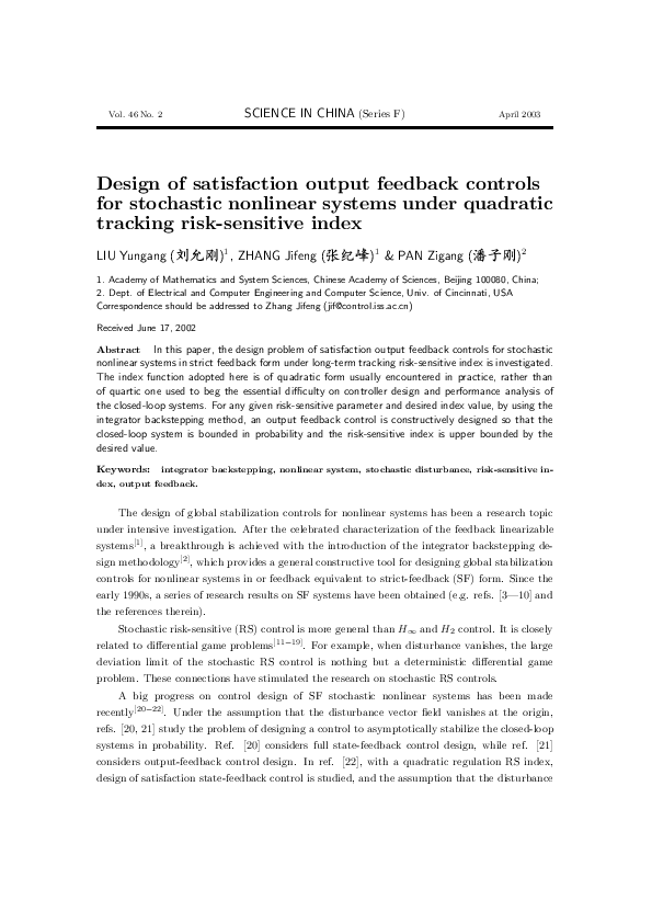 (PDF) Design of satisfaction output feedback controls for stochastic ...