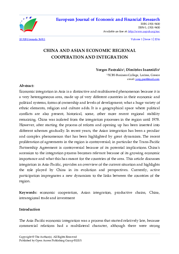 (PDF) CHINA AND ASIAN ECONOMIC REGIONAL COOPERATION AND INTEGRATION