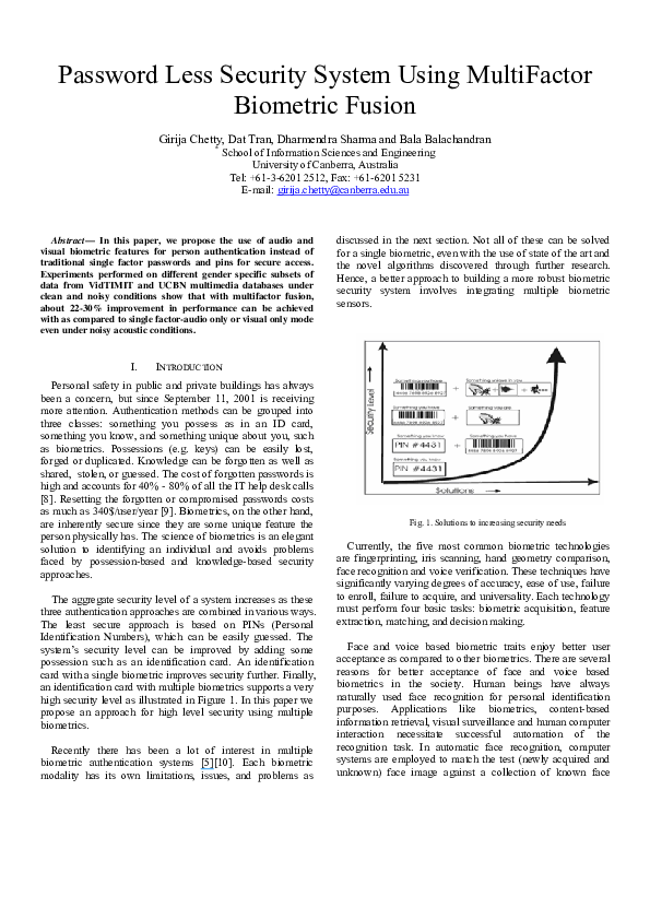 (PDF) Password Less Security System Using MultiFactor Biometric Fusion