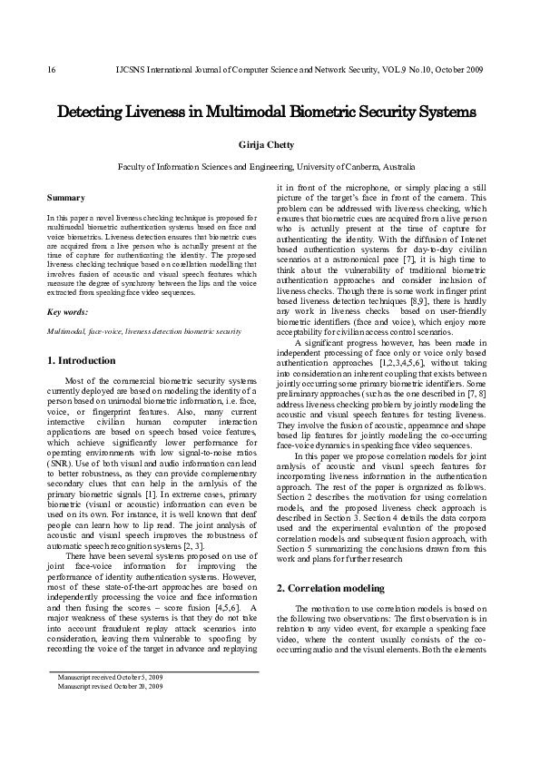 (PDF) Detecting Liveness in Multimodal Biometric Security Systems