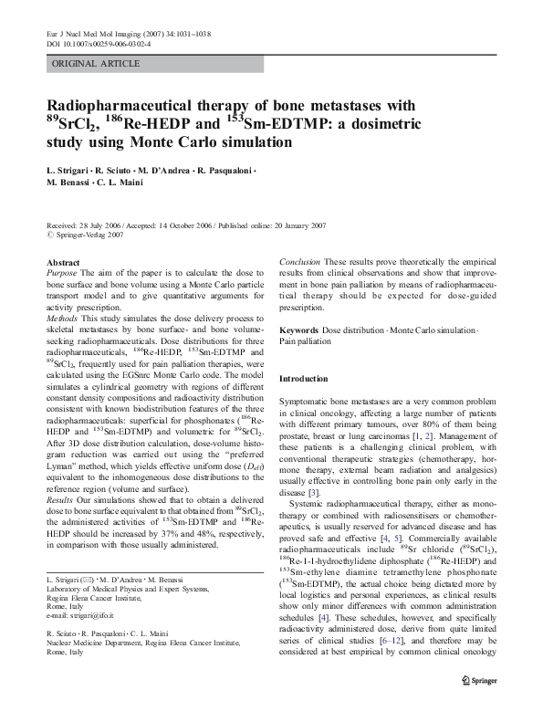 (PDF) Radiopharmaceutical therapy of bone metastases with 89 SrCl 2 ...