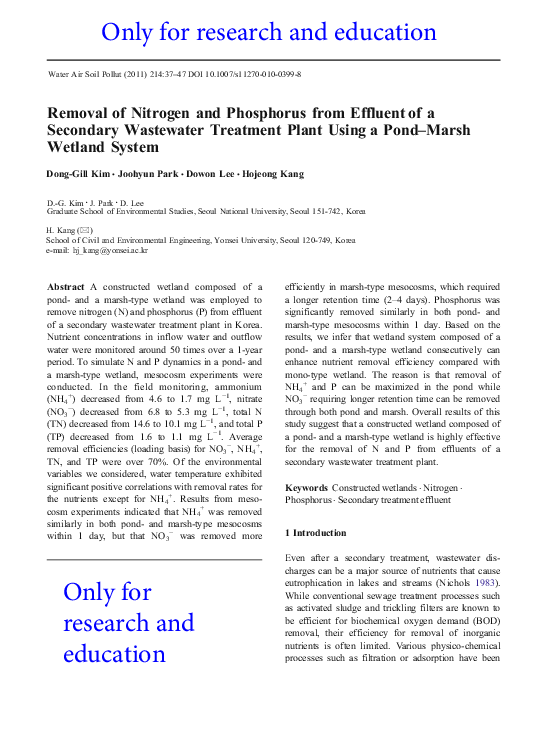 (PDF) Removal of Nitrogen and Phosphorus from Effluent of a Secondary ...