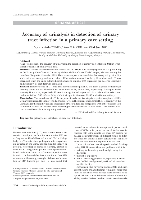 (PDF) Accuracy of urinalysis in detection of urinary tract infection in