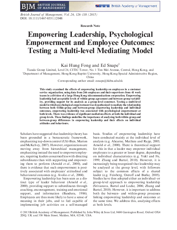 (PDF) Empowering Leadership, Psychological Empowerment and Employee Testing a Multi