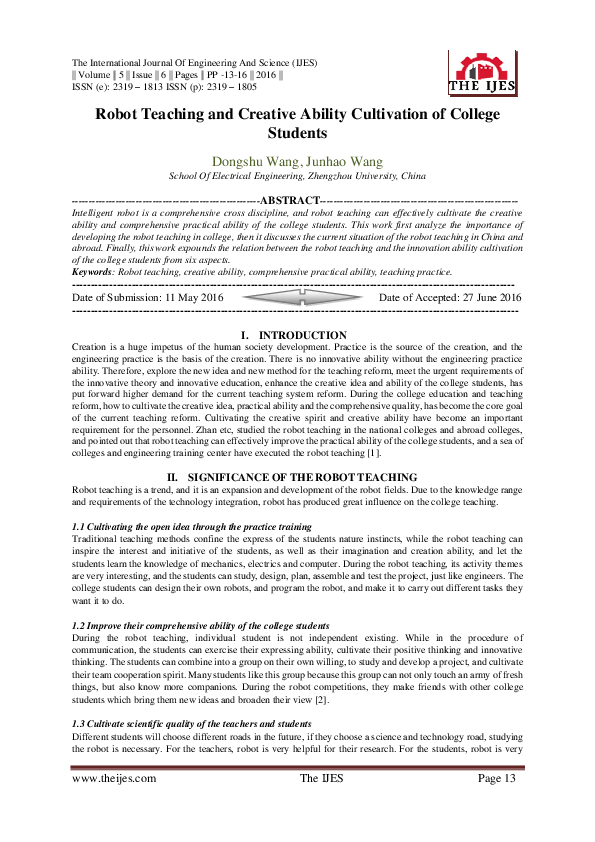 (PDF) Robot Teaching and Creative Ability Cultivation of College Students