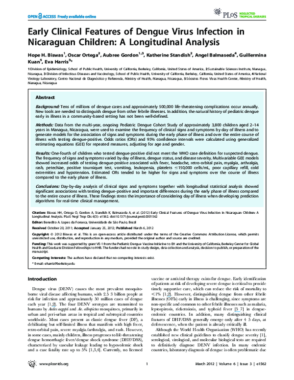 (PDF) Early Clinical Features of Dengue Virus Infection in Nicaraguan ...