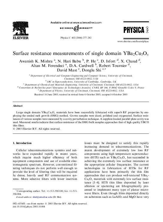 (PDF) Surface resistance measurements of single domain YBa 2Cu 3O x
