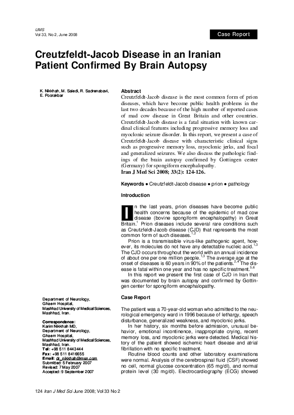 (PDF) CreutzfeldtJacob Disease in an Iranian Patient Confirmed By