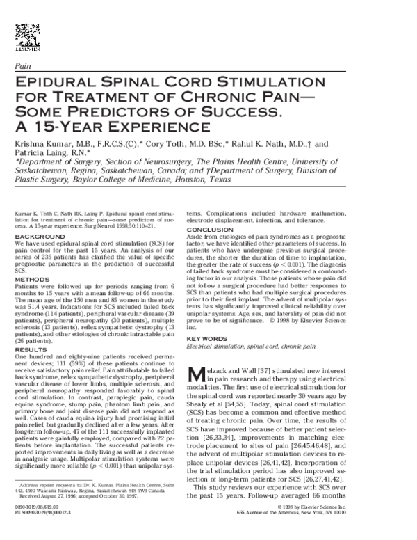(PDF) Epidural spinal cord stimulation for treatment of chronic pain ...