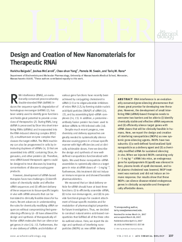(PDF) Design and creation of new nanomaterials for therapeutic RNAi