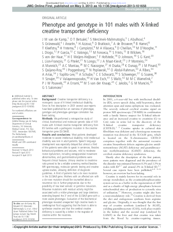 (PDF) Phenotype and genotype in 101 males with X-linked creatine ...
