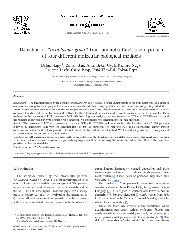 (PDF) Detection of Toxoplasma gondii from amniotic fluid, a comparison ...