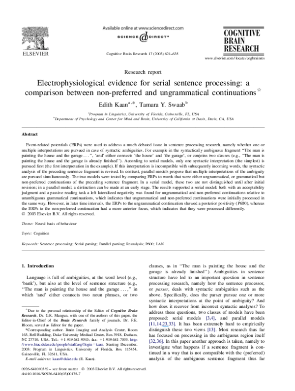(PDF) Electrophysiological evidence for serial sentence processing: a ...