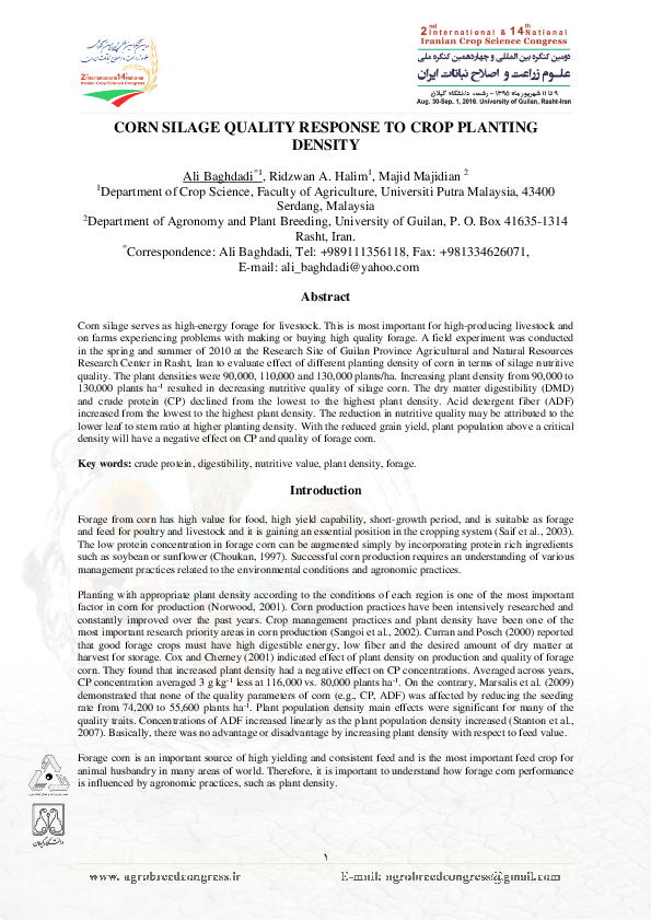 (PDF) CORN SILAGE QUALITY RESPONSE TO CROP PLANTING DENSITY