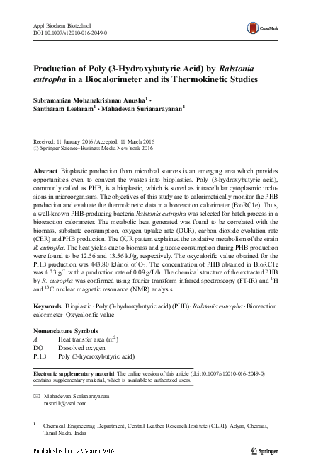 (PDF) Production of Poly (3-Hydroxybutyric Acid) by Ralstonia eutropha ...