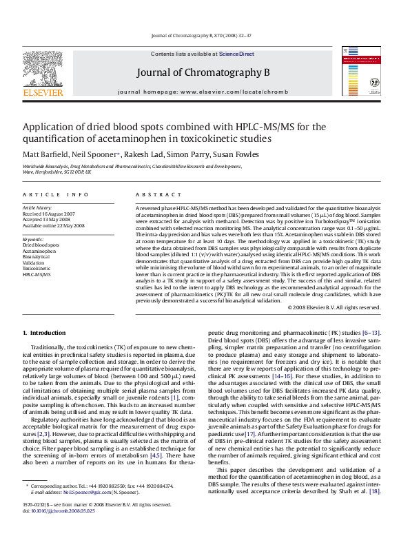 (PDF) Application of dried blood spots combined with HPLC-MS/MS for the ...
