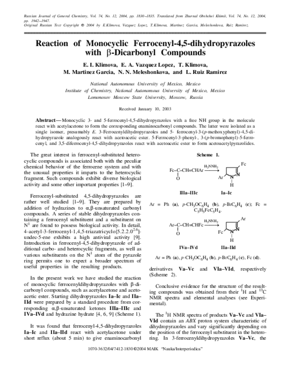 Pdf Reaction Of Monocyclic Ferrocenyl 4 5 Dihydropyrazoles With Dicarbonyl Compounds Marcos Garcia Academia Edu